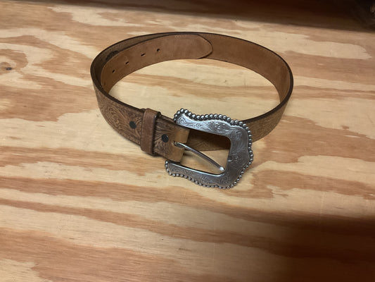 Leather Tooled Belt- Brown